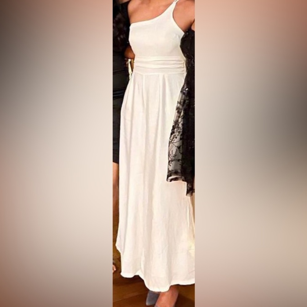 One shoulder white wide leg jumpsuit